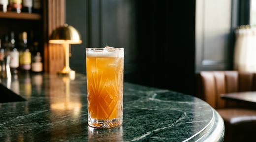 Refajo ambré orangé légèrement pétillant avec un col de mousse blanche dans un verre haut, comptoir de marbre Verde Guatemala