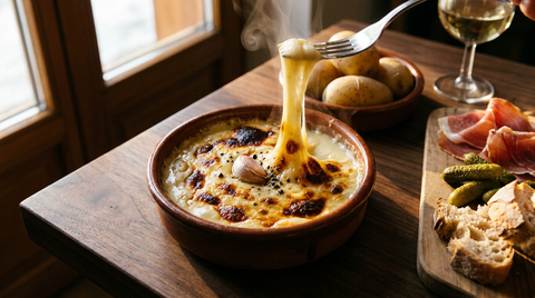 Berthoud, abondance fondu et gratiné dans un caquelon, fil de fromage tiré à la fourchette