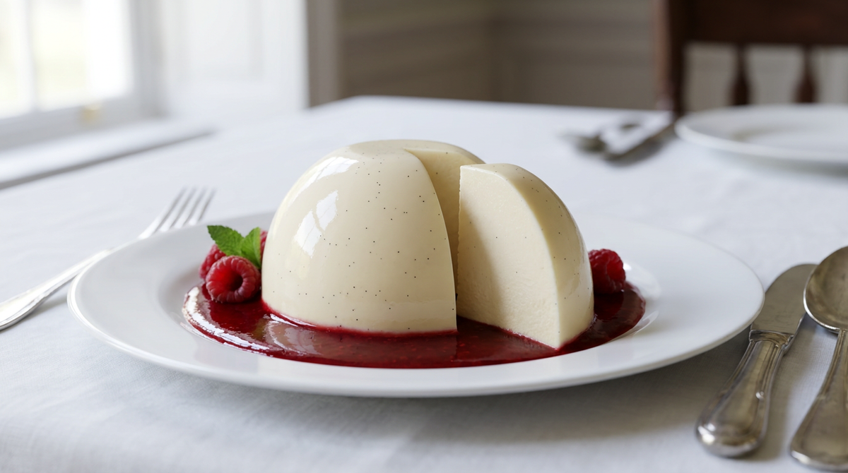 Bavarois à la vanille démoulé en dôme satiné, une part coupée à l'arête nette, coulis de framboise autour et framboises fraîches