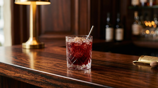 Port sangaree rouge rubis sur glace pilée dans un verre bas, voile de muscade fraîchement râpée en surface, comptoir de palissandre