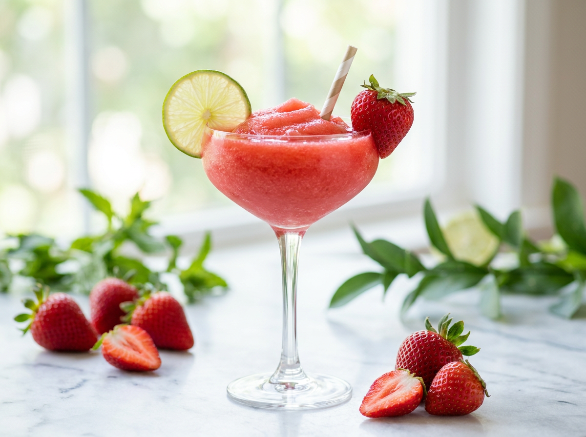 Frozen daiquiri à la fraise, cocktail glacé rose vif servi en coupe avec une fraise fraîche