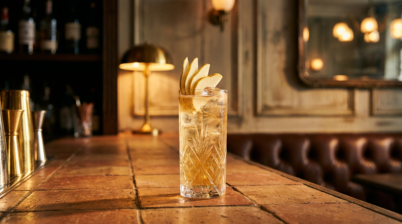 Shrub à la poire allongé dans un grand verre, éventail de poire fraîche, tomettes de terre cuite