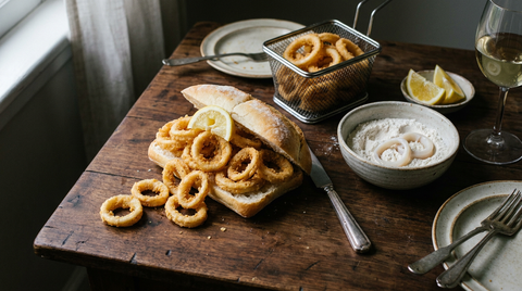 Bocadillo de calamares madrilène sur une table en bois sombre, pain croustillant ouvert débordant d'anneaux de calamars frits à la panure fine et dorée, quartier de citron, panier de friture, bol de farine avec des anneaux crus