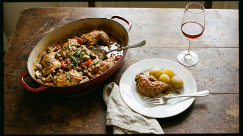Cocotte en fonte de lapin chasseur, morceaux de lapin dorés dans une sauce brune aux champignons, tomate, échalotes et estragon, assiette avec un morceau et des pommes de terre, verre de vin rouge