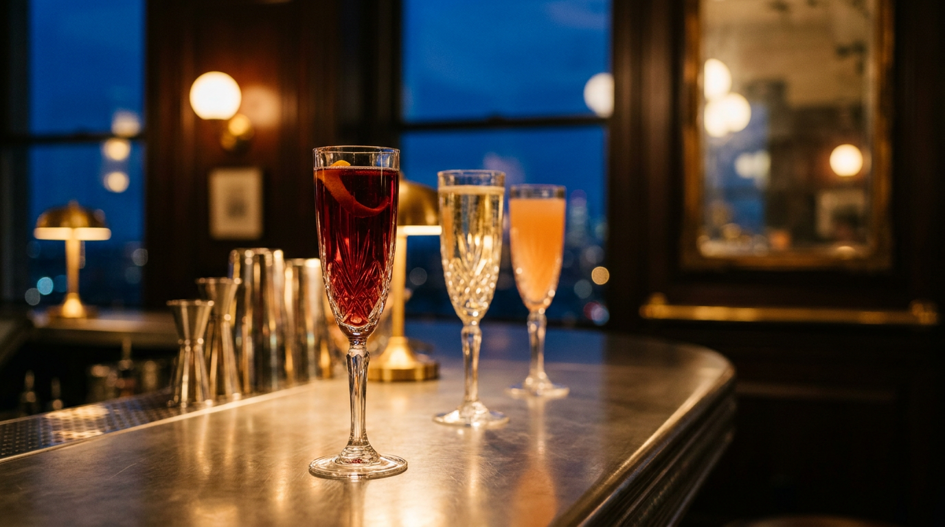 Trois flûtes en cristal alignées sur un comptoir d'étain, l'une rubis, l'une dorée, l'une orange, bokeh doré et bleu de minuit à la fenêtre d'un bar de réveillon