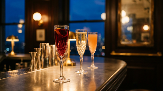 Trois flûtes en cristal alignées sur un comptoir d'étain, l'une rubis, l'une dorée, l'une orange, bokeh doré et bleu de minuit à la fenêtre d'un bar de réveillon