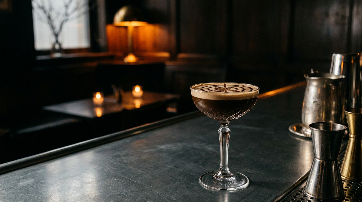 Coupe en cristal d'un cocktail au café sombre, motif de toile dessiné au cacao sur la crema, sur un comptoir d'étain bruni, bar dans la pénombre éclairé à la bougie