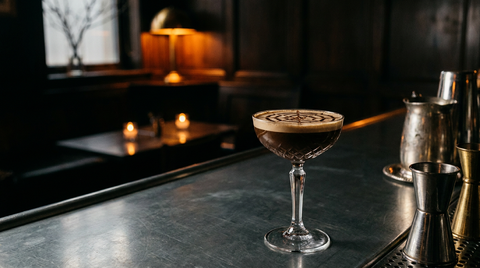 Coupe en cristal d'un cocktail au café sombre, motif de toile dessiné au cacao sur la crema, sur un comptoir d'étain bruni, bar dans la pénombre éclairé à la bougie