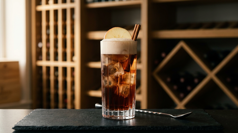 Cocktail sans alcool d'automne au jus de raisin, pomme et cannelle, en verre haut sur glace avec col de mousse pâle, sur une dalle d'ardoise au comptoir d'un caviste