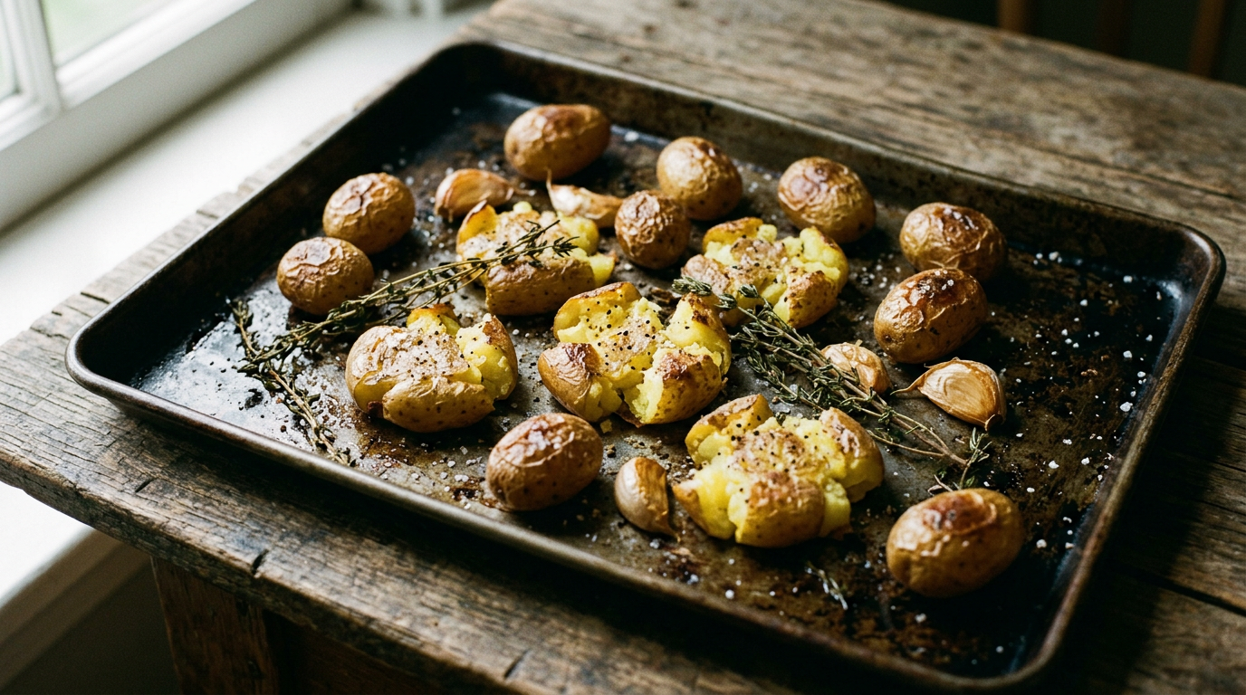 Pommes de terre grenaille rôties sur une plaque en métal noirci, croûte dorée et craquelée, certaines écrasées, gousses d'ail en chemise, thym et fleur de sel