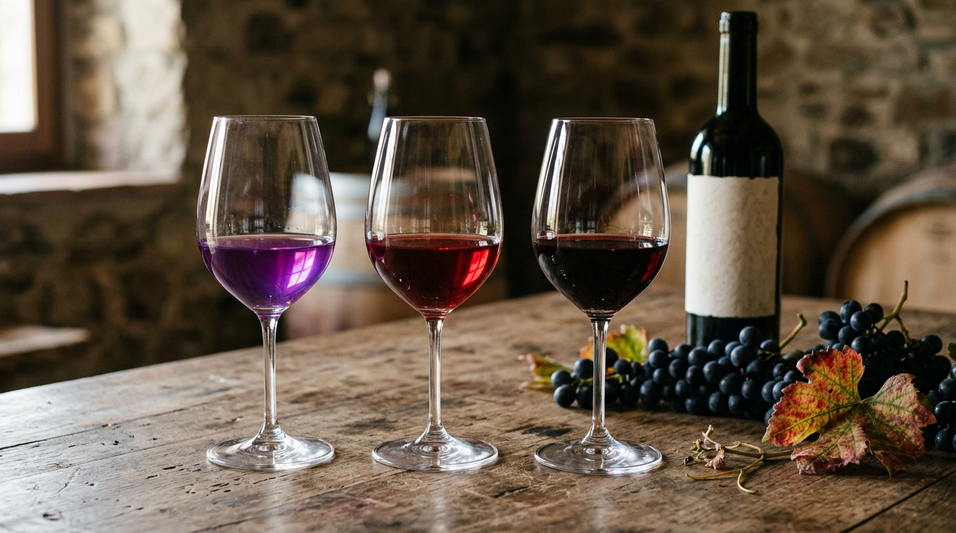 Trois verres de Beaujolais alignés montrant la gradation de couleur du primeur violet au cru grenat, bouteille à étiquette neutre, grappes de gamay et feuille de vigne d'automne