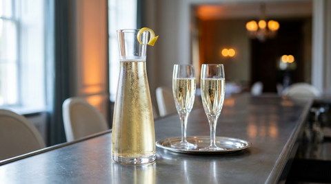 Carafe de cristal de crémant et deux flûtes sur un plateau d'argent, comptoir d'étain, salle de réception dressée en arrière-plan