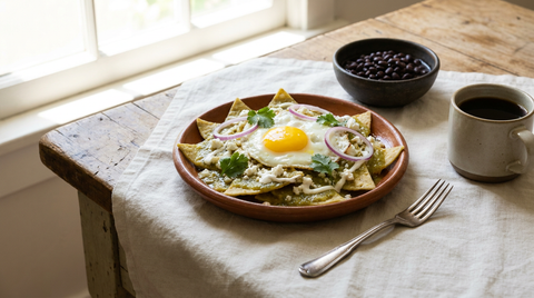 Assiette en terre cuite de chilaquiles verdes, triangles de tortilla nappés de salsa verte, œuf au plat coulant, fromage émietté, oignon rouge et coriandre, bol de haricots noirs, tasse de café, table de bois