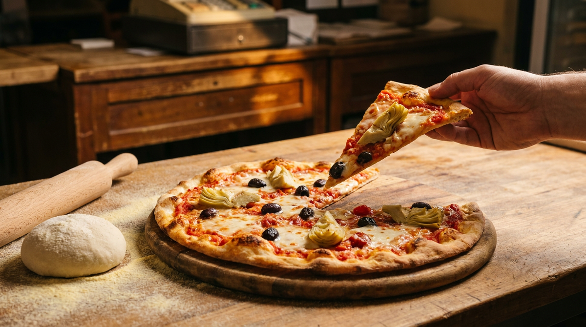 Pizza romaine très fine et croustillante coupée en parts sur une planche en bois, bord plat et craquant, tomate, mozzarella, olives, une boule de pâte et un rouleau farinés à côté, comptoir de pizzeria romaine, lumière chaude