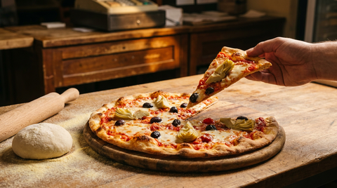 Pizza romaine très fine et croustillante coupée en parts sur une planche en bois, bord plat et craquant, tomate, mozzarella, olives, une boule de pâte et un rouleau farinés à côté, comptoir de pizzeria romaine, lumière chaude