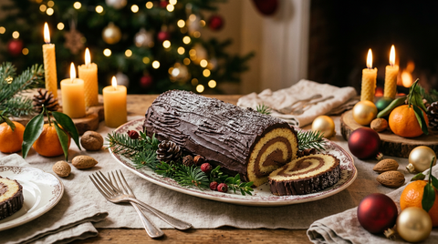 Bûche de Noël roulée au chocolat, une part tranchée montrant la spirale, sur une table de fête avec bougies, sapin décoré en arrière-plan, boules dorées et rouges, mandarines et noix