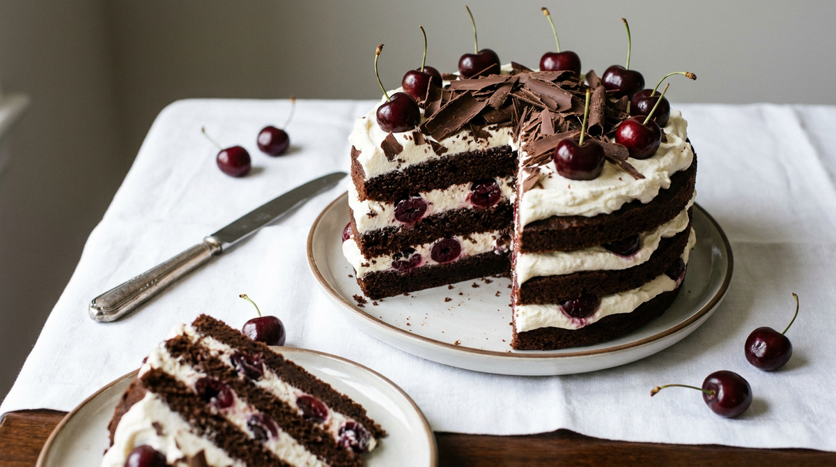 Forêt-noire coupée montrant les couches de génoise au chocolat, de chantilly et de griottes, copeaux de chocolat et cerises dessus