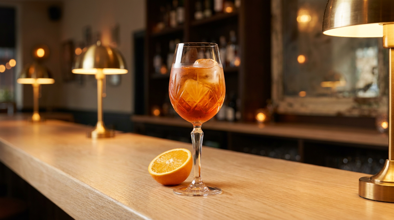 Cocktail Aperol et jus d'orange sur glace en verre à vin, sur un comptoir de chêne clair