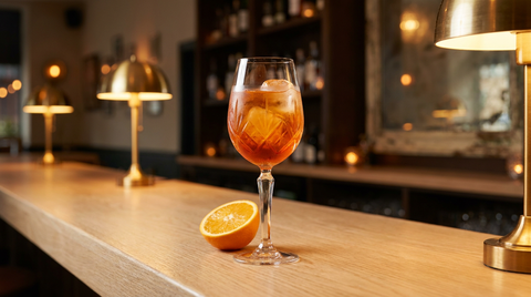 Cocktail Aperol et jus d'orange sur glace en verre à vin, sur un comptoir de chêne clair