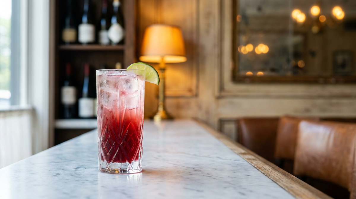 Sea Breeze rouge et rose dégradé dans un grand verre highball plein de glaçons, quartier de citron vert sur le bord, comptoir de marbre blanc, terrasse floue en fin de journée