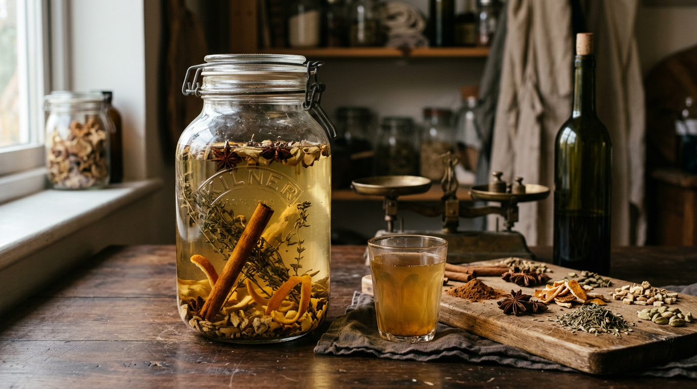 Grand bocal de vin blanc en macération avec bâton de cannelle, zestes d'orange, badiane et herbes sèches, verre du vermouth fini, planche couverte de plantes et petite balance