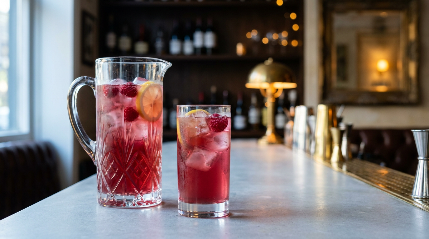 Thé glacé à la framboise rouge dans un pichet et un verre sur glace, framboises et rondelle de citron, plan de travail en pierre claire
