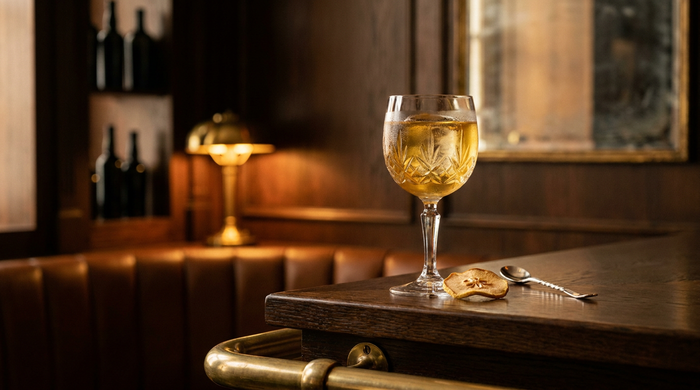 Verre à pied en cristal taillé d'une boisson au coing et au miel dorée sur glace, lamelle de coing posée à côté, sur un comptoir de chêne à barre de laiton