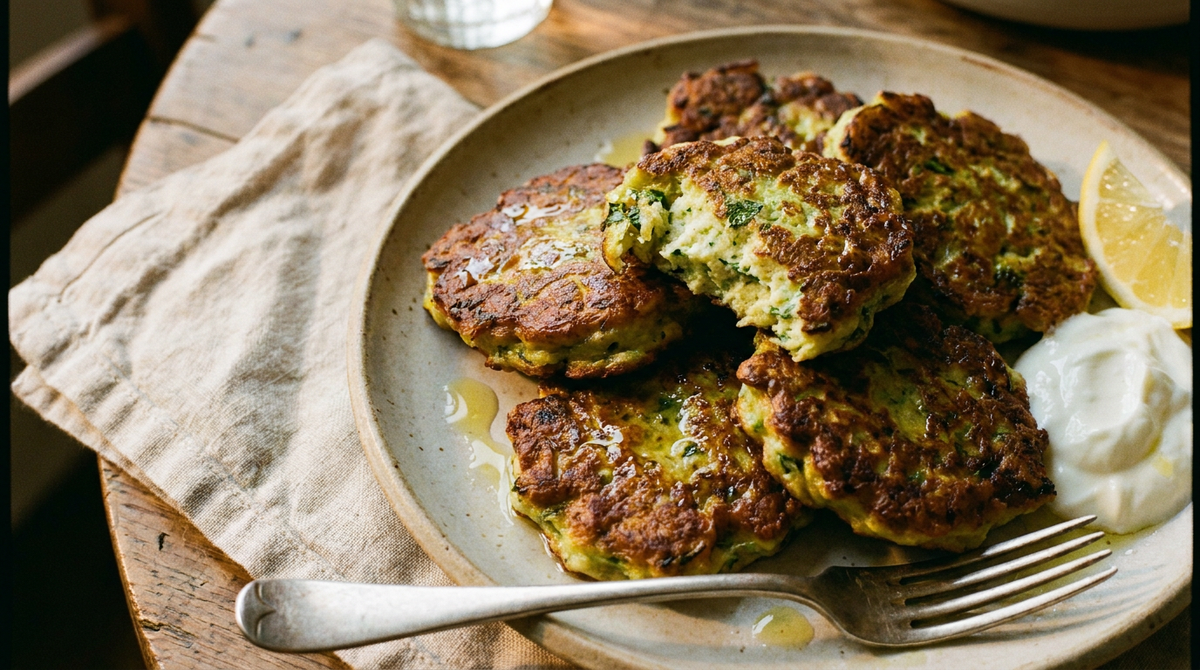 Assiette de beignets de courgettes dorés et croustillants, un cassé montrant l'intérieur vert, sauce au yaourt, citron, table de bois, verre de rosé