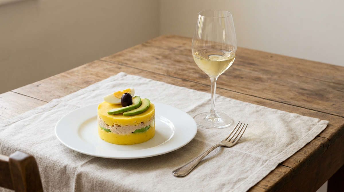 Causa limeña, cylindre de purée de pommes de terre jaune au citron vert, étage de thon et d'avocat, demi-œuf dur et olive noire, verre de vin blanc, table de bois