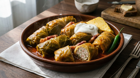 Sarmale roumains alignés dans un plat en terre, feuilles de chou aigre intactes et brillantes, lardons fumés et crème