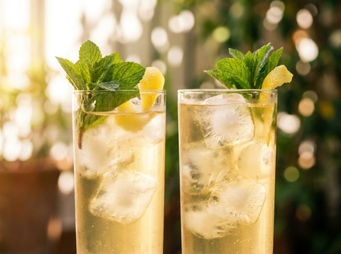 Verre highball de Rebujito, xérès fino et soda au citron sur glace, brin de menthe, lumière naturelle