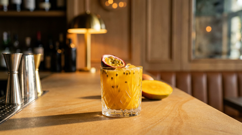 Mocktail passion-mangue sur glace, graines de fruit de la passion, sur un comptoir de grès ocre