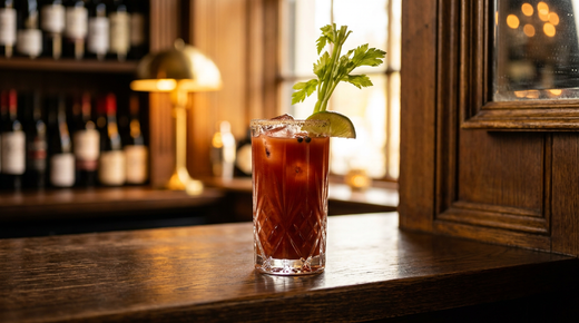 Bloody Maria rouge tomate dans un grand verre, branche de céleri et quartier de citron vert, comptoir d'orme