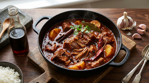Vindaloo de porc dans une cocotte en fonte, sauce rouge brique brillante, bouteille de vinaigre, ail et piments séchés