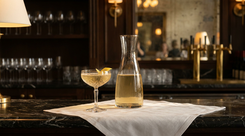 Carafe de base de cocktail dorée et coupe servie devant sur un chemin de lin blanc, bar de réception à l'heure dorée, rangées de verres floues au fond