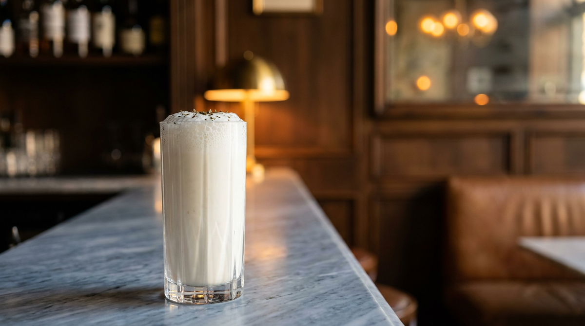 Doogh blanc opaque et pétillant avec une mousse fine, menthe séchée en surface, comptoir de marbre Bardiglio