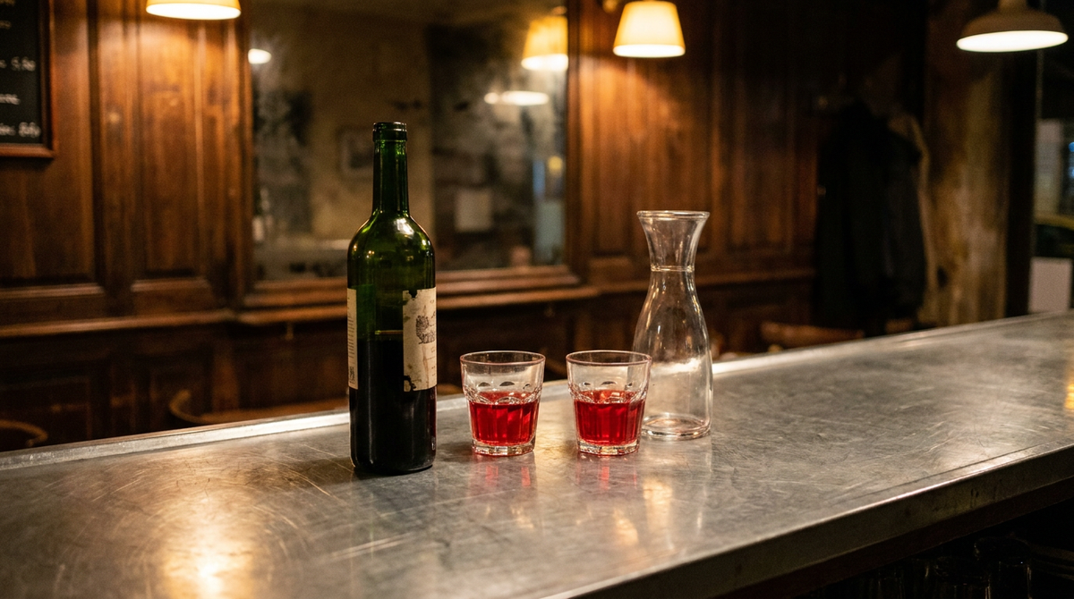 Bouteille de vin nouveau ouverte et deux verres à vin remplis au tiers d'un rouge violacé, carafe en verre à côté, comptoir de zinc brossé, lumière chaude de bistrot