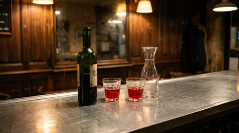 Bouteille de vin nouveau ouverte et deux verres à vin remplis au tiers d'un rouge violacé, carafe en verre à côté, comptoir de zinc brossé, lumière chaude de bistrot
