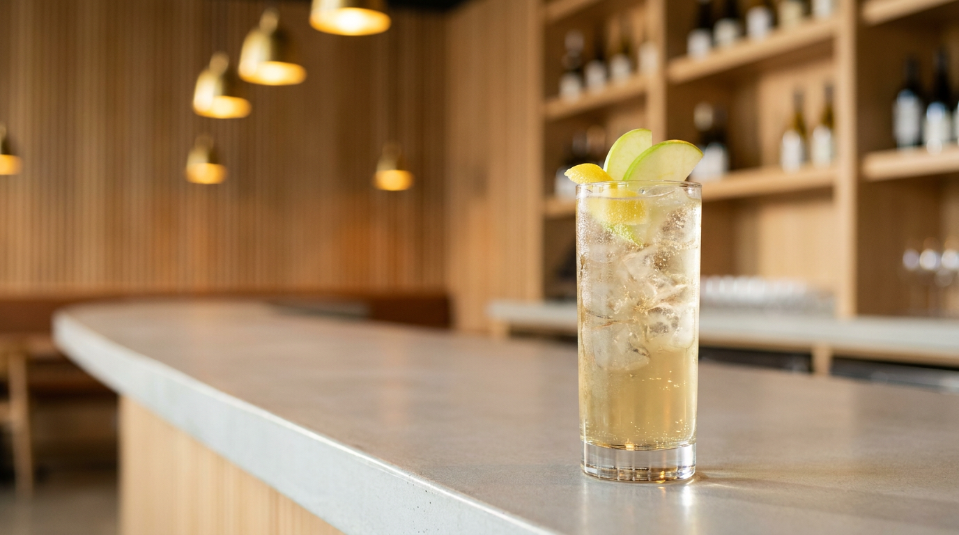 Cocktail gin et jus de pomme en grand verre sur le comptoir de béton d'un bar à vins, lamelles de pomme verte