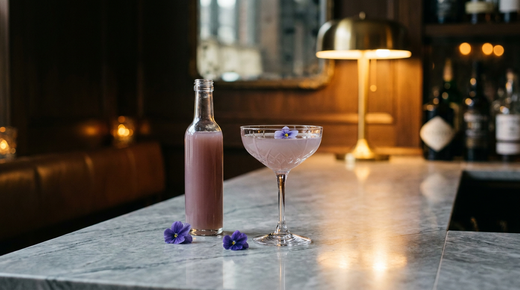 Sirop de violette en bouteille de verre et coupe de cocktail pâle, fleurs de violette fraîches, comptoir de marbre gris