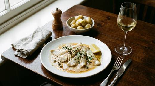 Aile de raie poêlée dans une assiette, chair blanche en filaments nacrés détachée du cartilage, nappée de beurre noisette mousseux, câpres, persil et citron, pommes vapeur à côté, verre de blanc pâle, table de bistrot, lumière douce