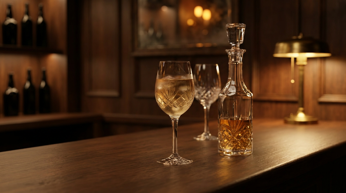 Verre à vin rempli d'un liquide ambré clair posé près d'une carafe en verre, deux verres en arrière-plan, comptoir de bois ciré sombre