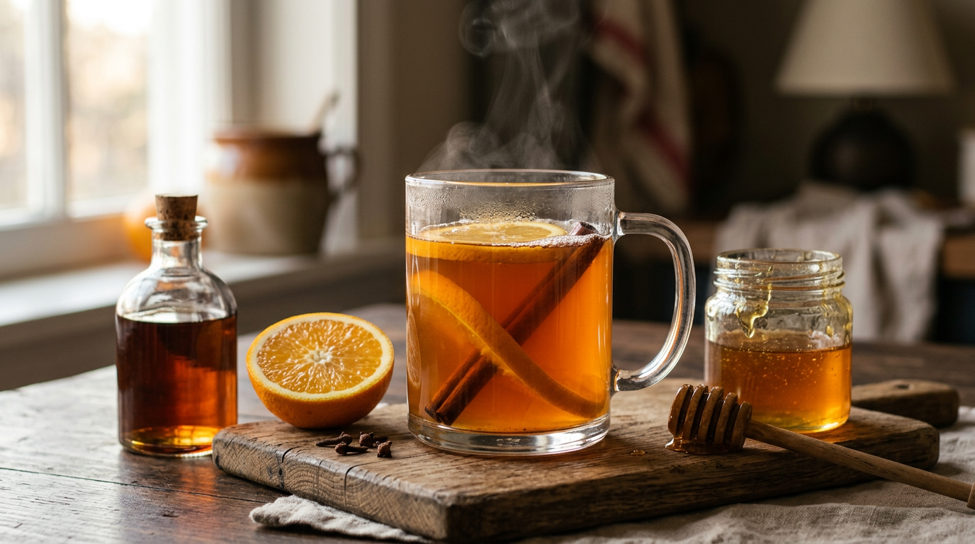 Mug en verre à anse d'une boisson chaude ambrée et fumante, large zeste d'orange et bâton de cannelle dedans, bouteille de liqueur ambrée, demi-orange et pot de miel