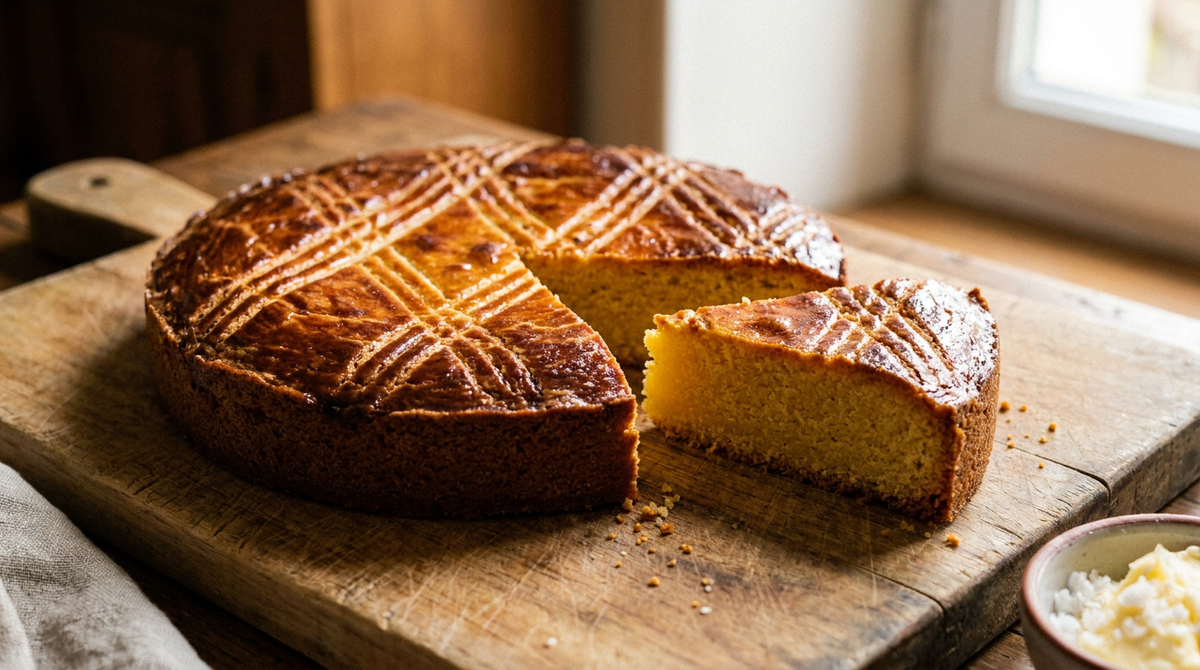 Gâteau breton doré et quadrillé à la fourchette, une part coupée montrant une mie jaune très dense