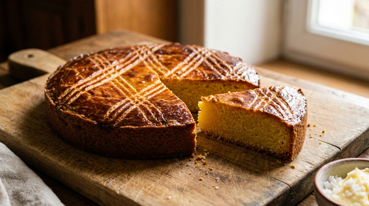 Gâteau breton doré et quadrillé à la fourchette, une part coupée montrant une mie jaune très dense