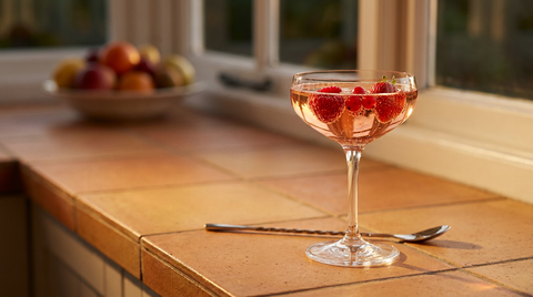Crémant aux fruits rouges en coupe de cristal sur un comptoir de tomettes
