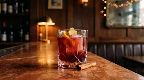 Rhum sorrel à l'hibiscus servi sur glaçon, zeste d'orange et cannelle, sur un comptoir de marbre rouge