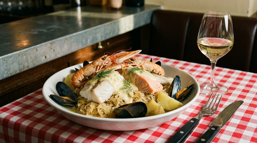 Choucroute de la mer : le chou braisé au vin blanc, les poissons cuits à la vapeur du chou à la dernière minute, et un beurre blanc fait avec le même vin