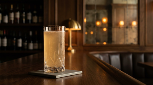 Kombucha ambré dans un bocal de verre, voile de culture en surface, étagère de bois peint en vert