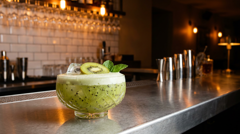 Chaudron vert au gin : cocktail au kiwi écrasé dans un verre bas et large, écume pâle, rondelle de kiwi et menthe, sur une station de bar en inox devant un mur de carrelage blanc
